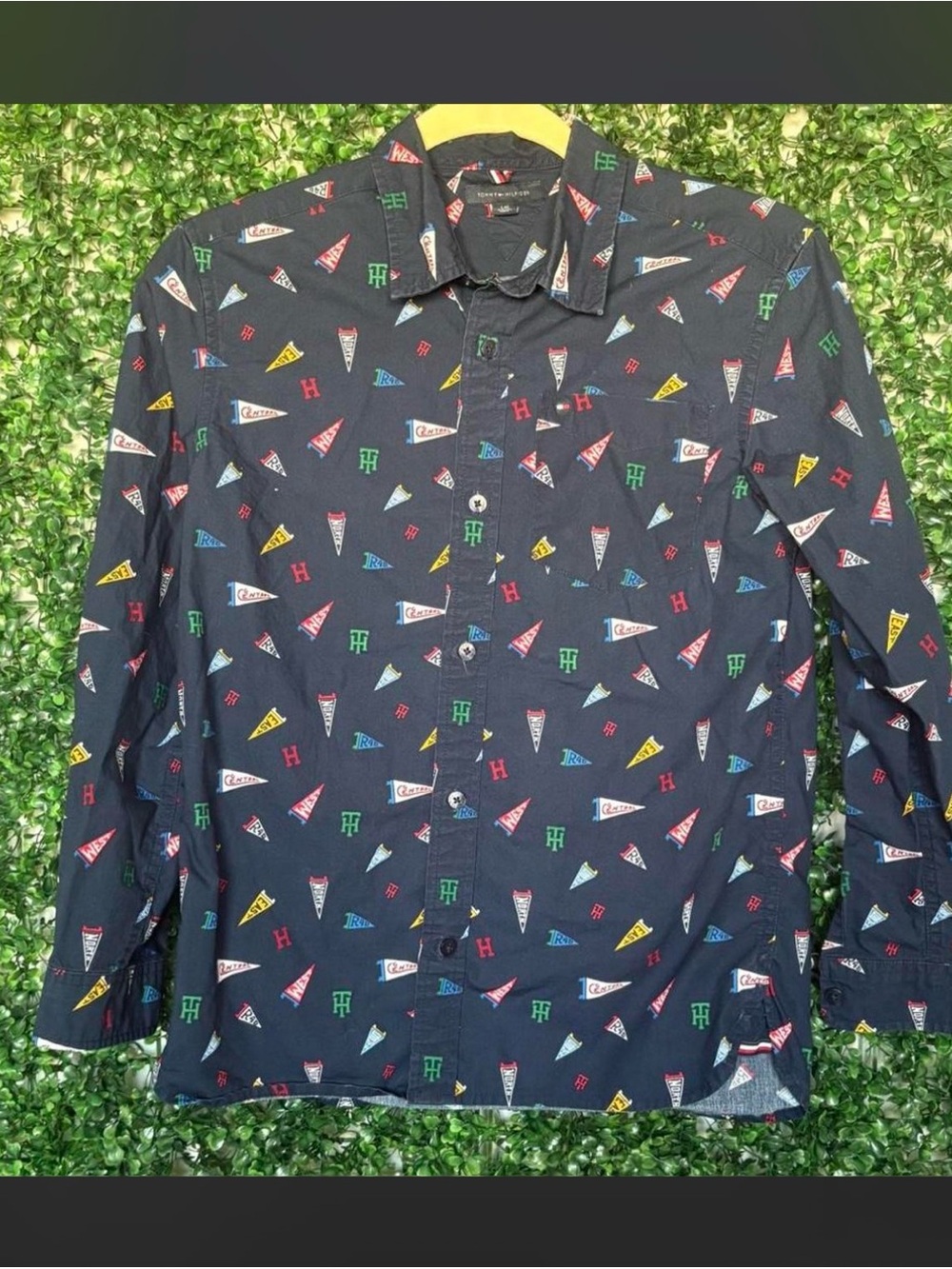 Tommy Hilfiger Navy Button-Down Shirt with Colorful Pennant Print